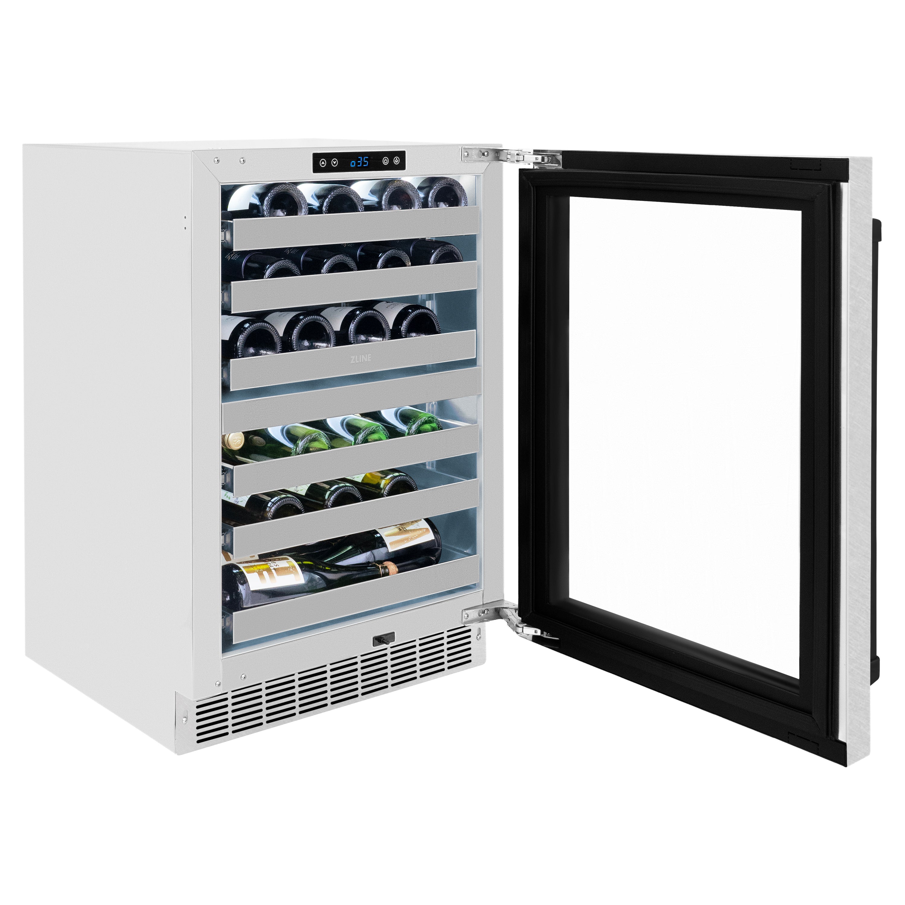 ZLINE Autograph 24" Touchstone Dual Zone 44 Bottle Wine Cooler with Satin Stainless Steel Glass Door and Matte Black Handle, RWDOZ-SN-24-MB