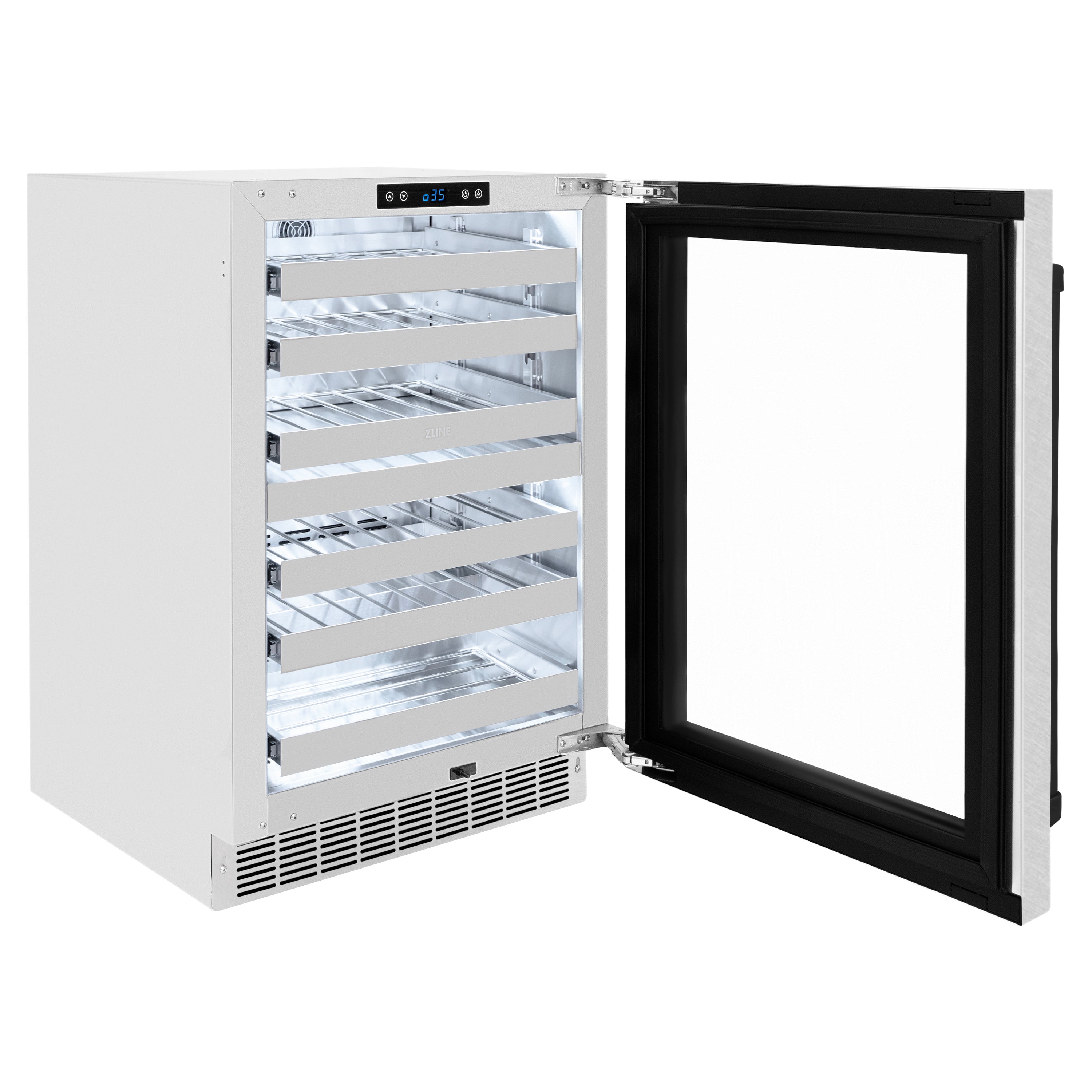 ZLINE Autograph 24" Touchstone Dual Zone 44 Bottle Wine Cooler with Satin Stainless Steel Glass Door and Matte Black Handle, RWDOZ-SN-24-MB