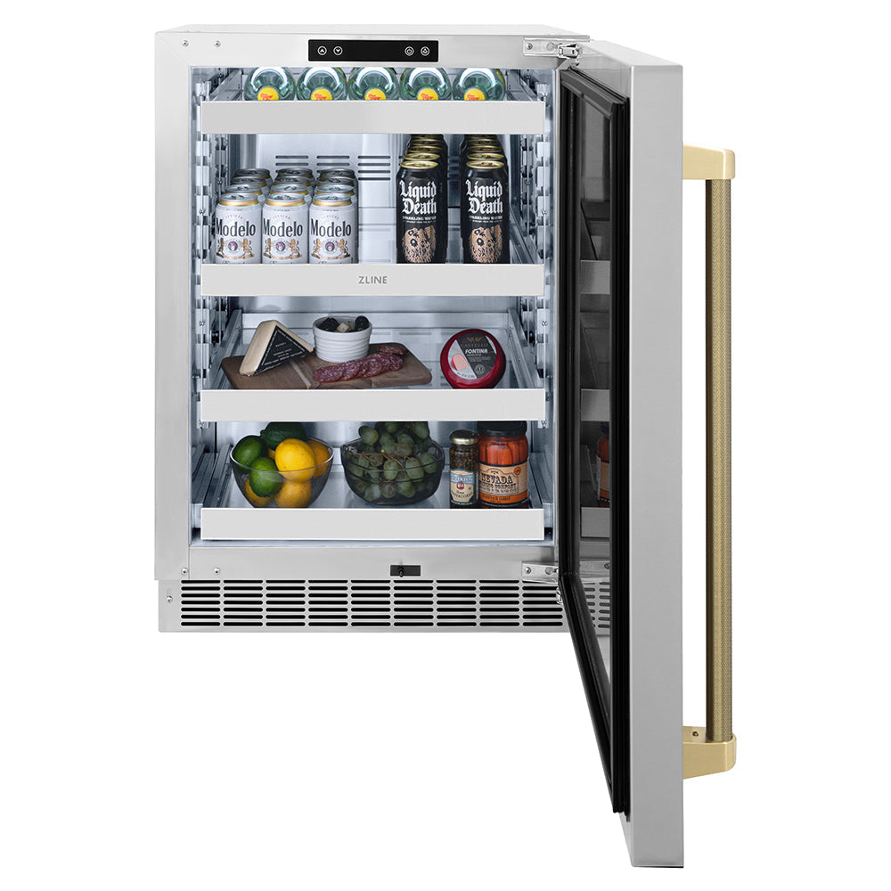 ZLINE Autograph 24" Touchstone 151 Can Beverage Fridge with Solid Stainless Steel Door and Champagne Bronze Helix Handle, RBSOZ-ST-24-KCB