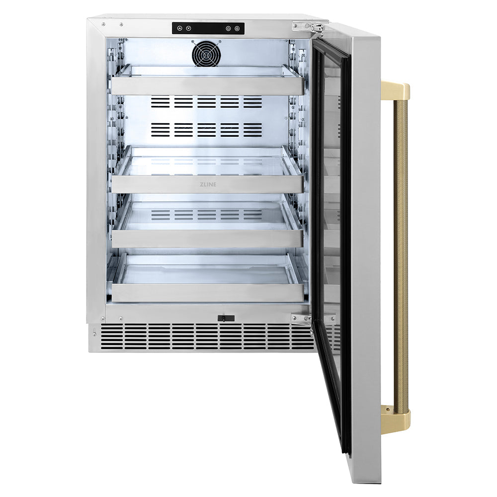 ZLINE Autograph 24" Touchstone 151 Can Beverage Fridge with Solid Stainless Steel Door and Champagne Bronze Helix Handle, RBSOZ-ST-24-KCB