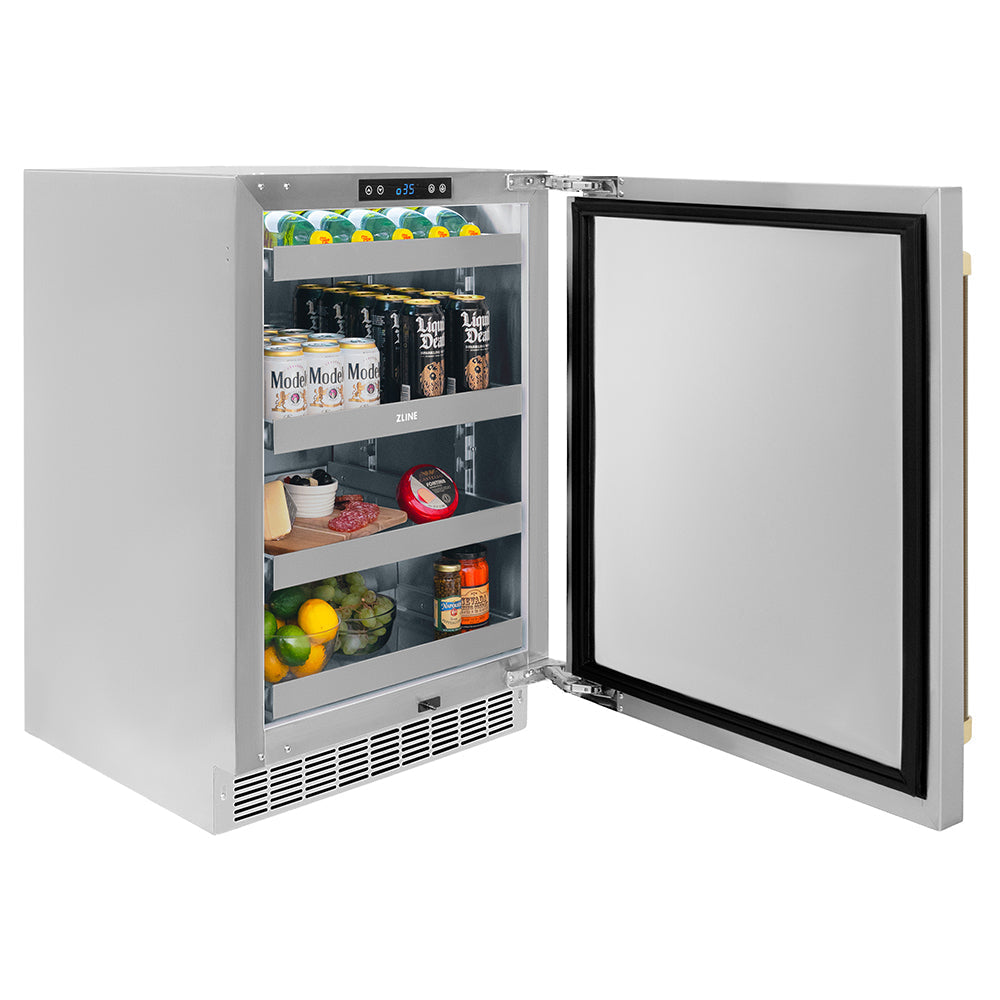 ZLINE Autograph 24" Touchstone 151 Can Beverage Fridge with Solid Stainless Steel Door and Champagne Bronze Helix Handle, RBSOZ-ST-24-KCB