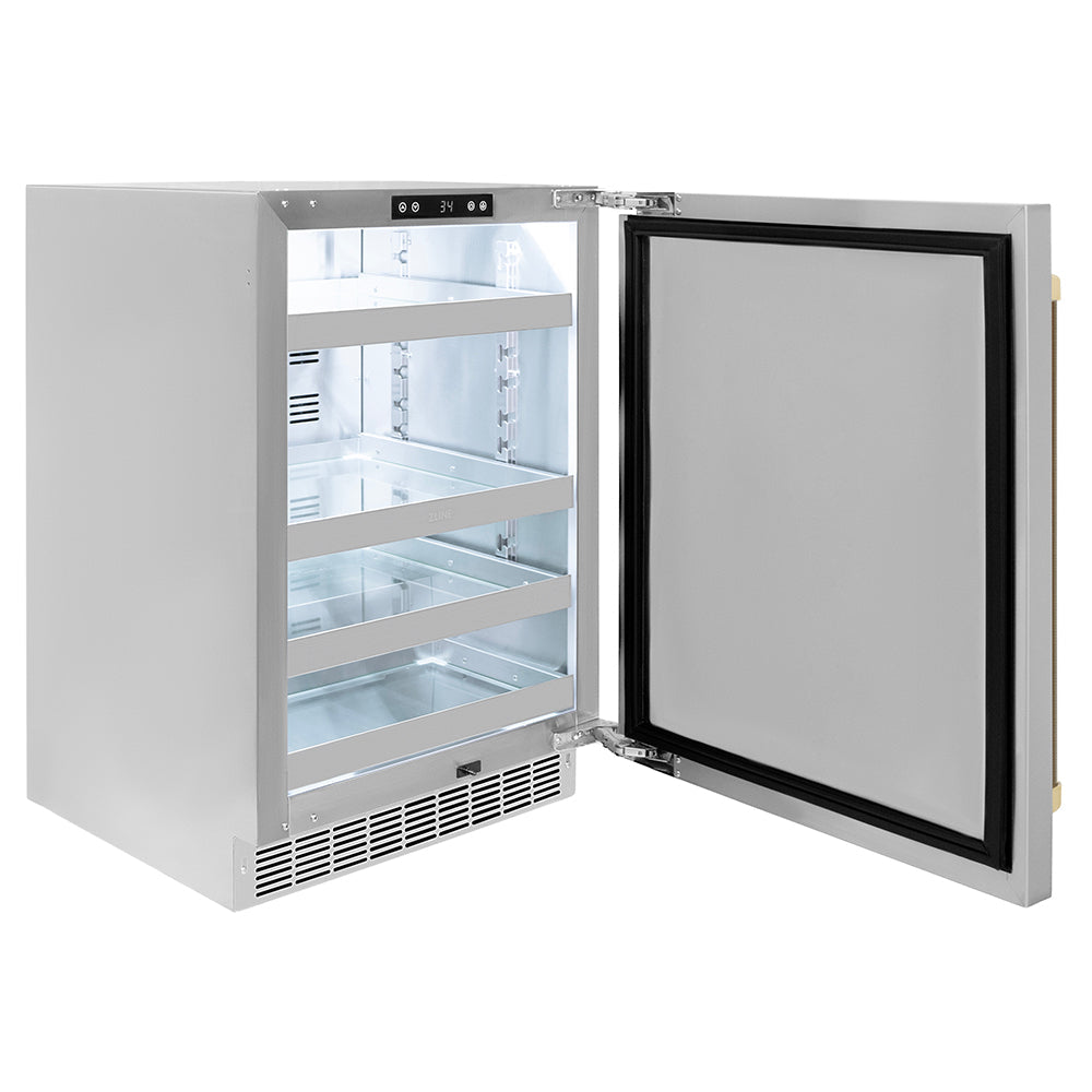 ZLINE Autograph 24" Touchstone 151 Can Beverage Fridge with Solid Stainless Steel Door and Champagne Bronze Helix Handle, RBSOZ-ST-24-KCB