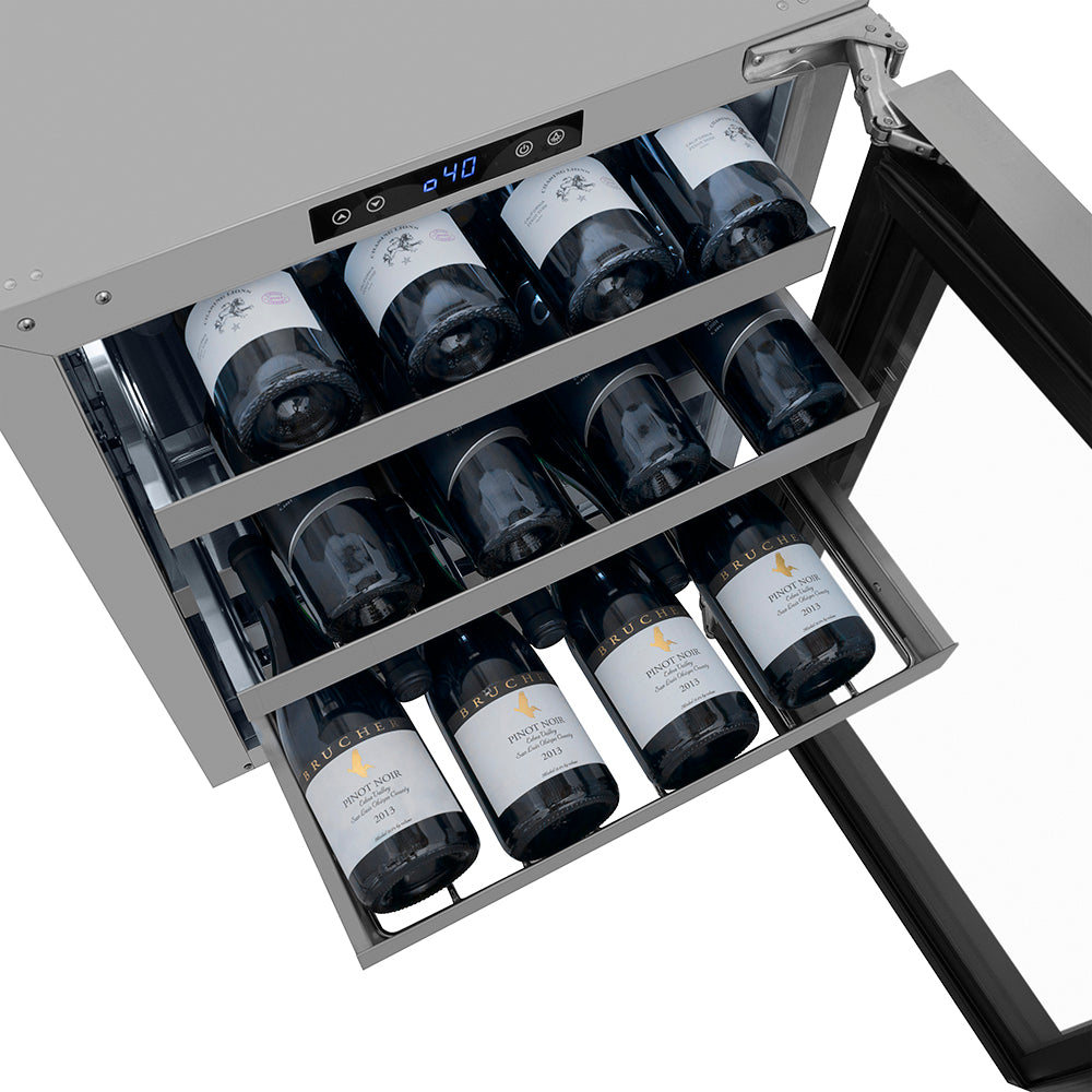 ZLINE Autograph 24" Touchstone Dual Zone 44 Bottle Wine Cooler with Stainless Steel Glass Door and Champagne Bronze Helix Handle, RWDOZS-24-KCB