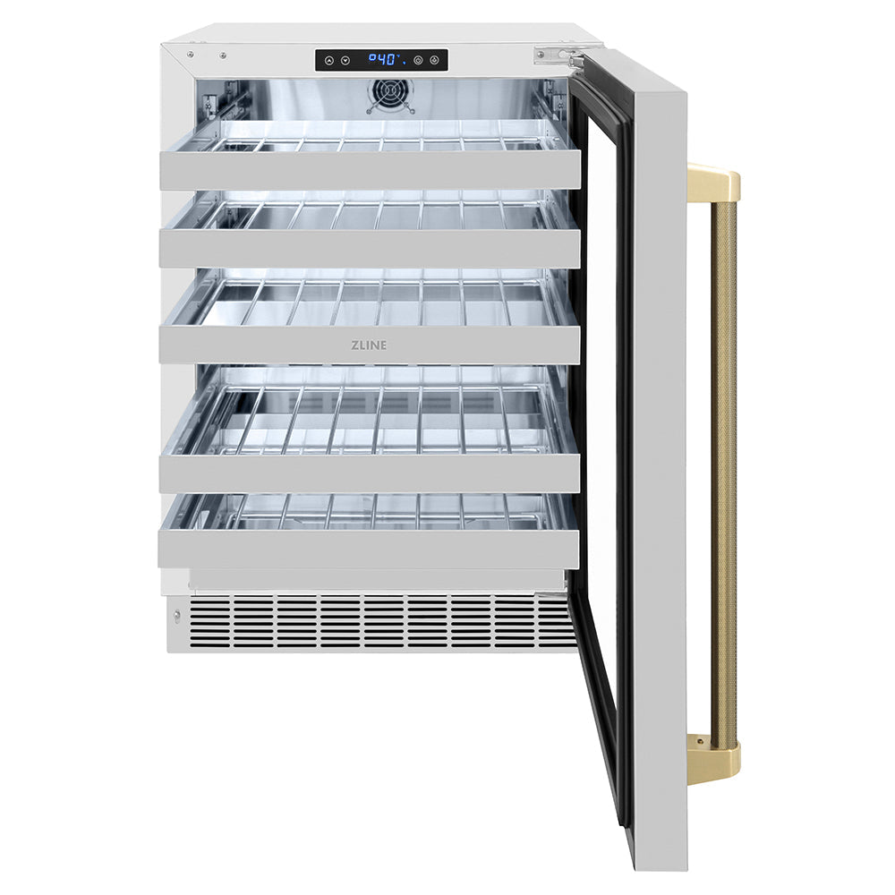 ZLINE Autograph 24" Touchstone Dual Zone 44 Bottle Wine Cooler with Stainless Steel Glass Door and Champagne Bronze Helix Handle, RWDOZS-24-KCB
