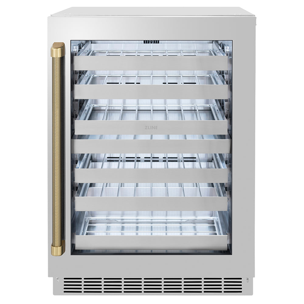 ZLINE Autograph 24" Touchstone Dual Zone 44 Bottle Wine Cooler with Stainless Steel Glass Door and Champagne Bronze Helix Handle, RWDOZS-24-KCB