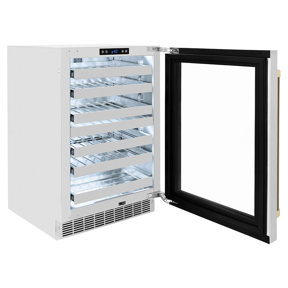 ZLINE Autograph 24" Touchstone Dual Zone 44 Bottle Wine Cooler with Stainless Steel Glass Door and Champagne Bronze Helix Handle, RWDOZS-24-KCB