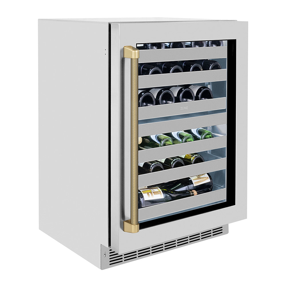 ZLINE Autograph 24" Touchstone Dual Zone 44 Bottle Wine Cooler with Stainless Steel Glass Door and Champagne Bronze Helix Handle, RWDOZS-24-KCB