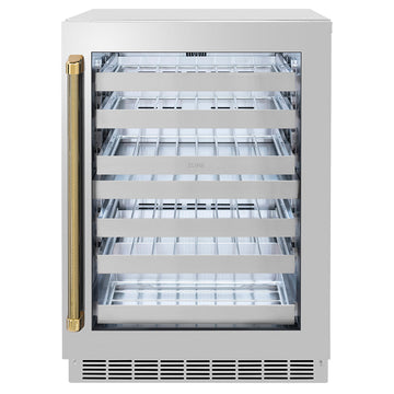 ZLINE Autograph 24" Touchstone Dual Zone 44 Bottle Wine Cooler with Stainless Steel Glass Door and Polished Gold Helix Handle, RWDOZS-24-KG