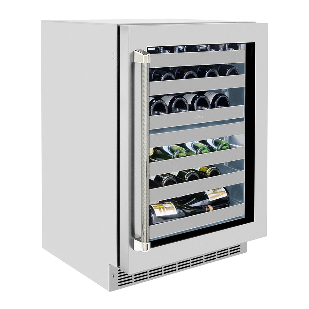 ZLINE Autograph 24" Touchstone Dual Zone 44 Bottle Wine Cooler with Stainless Steel Glass Door and Polished Nickel Helix Handle, RWDOZS-24-KPN