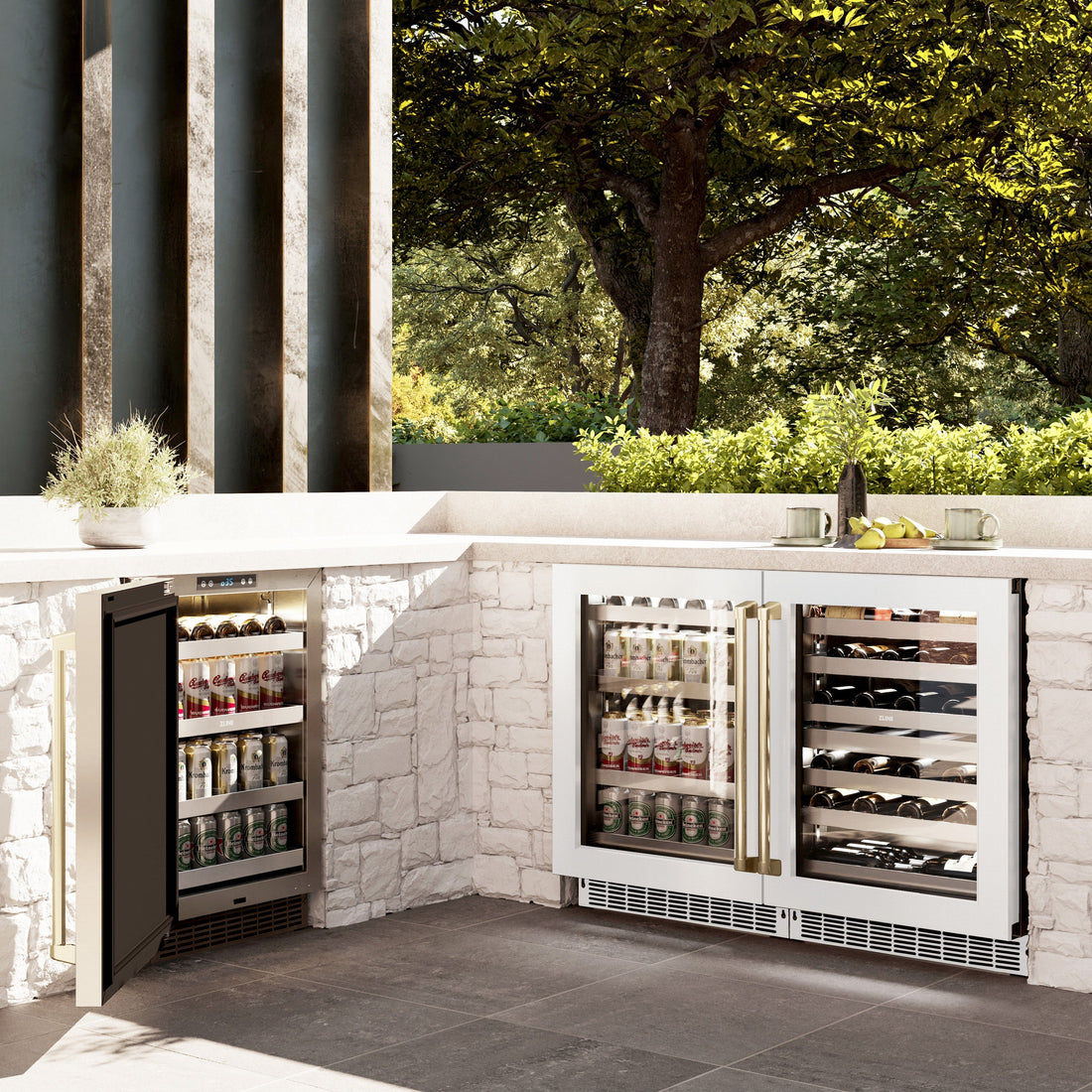 ZLINE Autograph 24" Touchstone 151 Can Beverage Fridge with White Matte Glass Door and Champagne Bronze Handle, RBSOZ-WM-24-CB