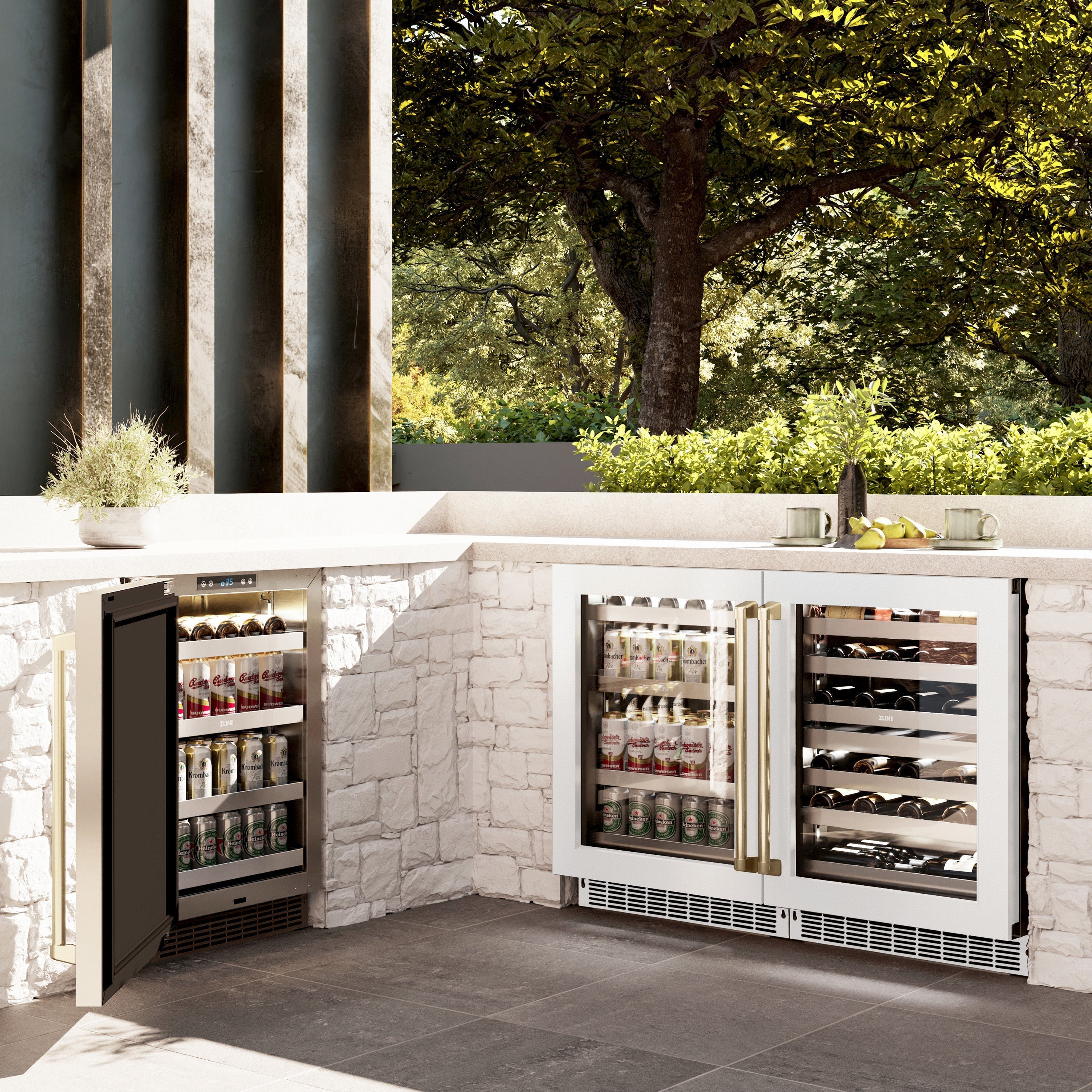 ZLINE Autograph 24" Touchstone 151 Can Beverage Fridge with White Matte Glass Door and Champagne Bronze Handle, RBSOZ-WM-24-CB