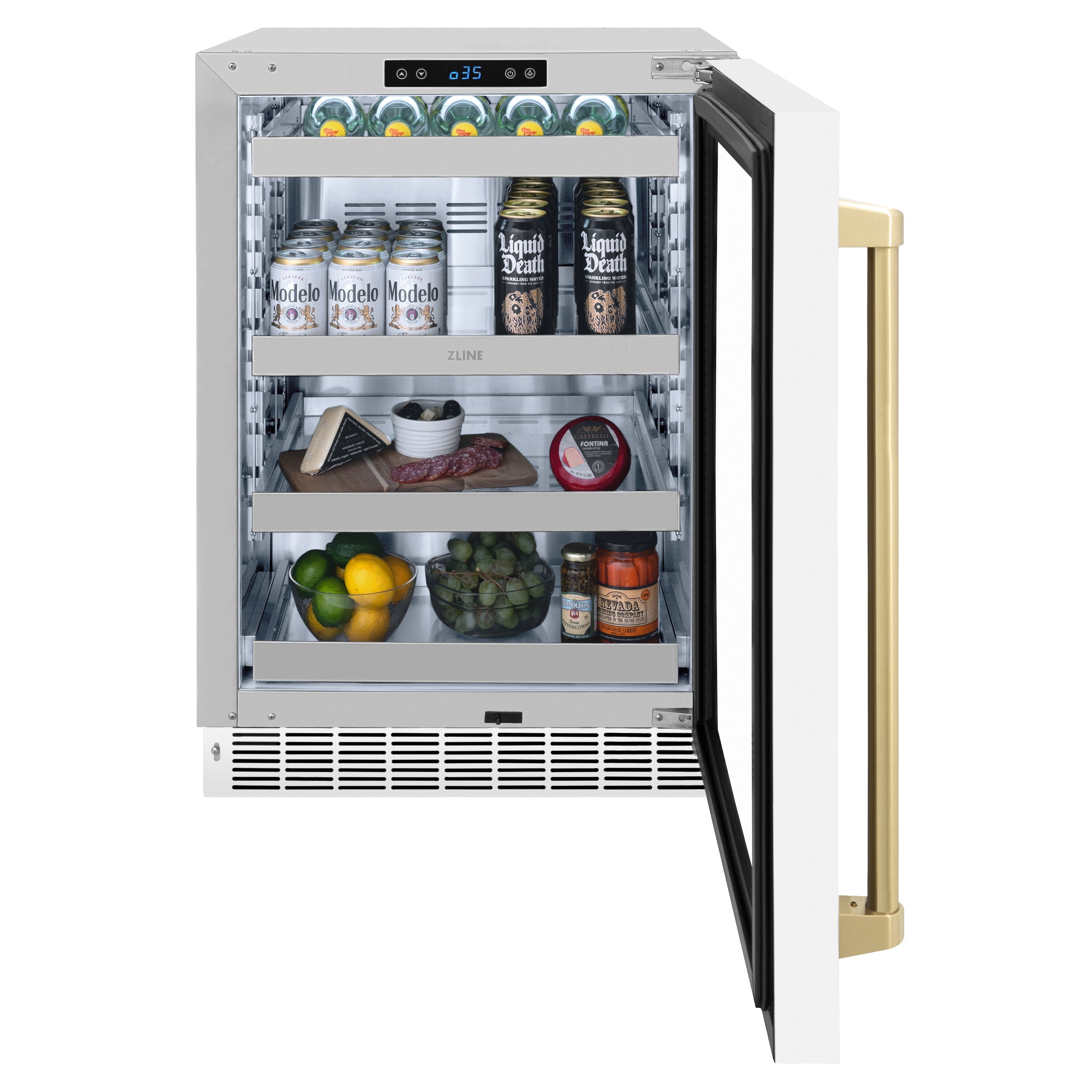 ZLINE Autograph 24" Touchstone 151 Can Beverage Fridge with White Matte Glass Door and Champagne Bronze Handle, RBSOZ-WM-24-CB