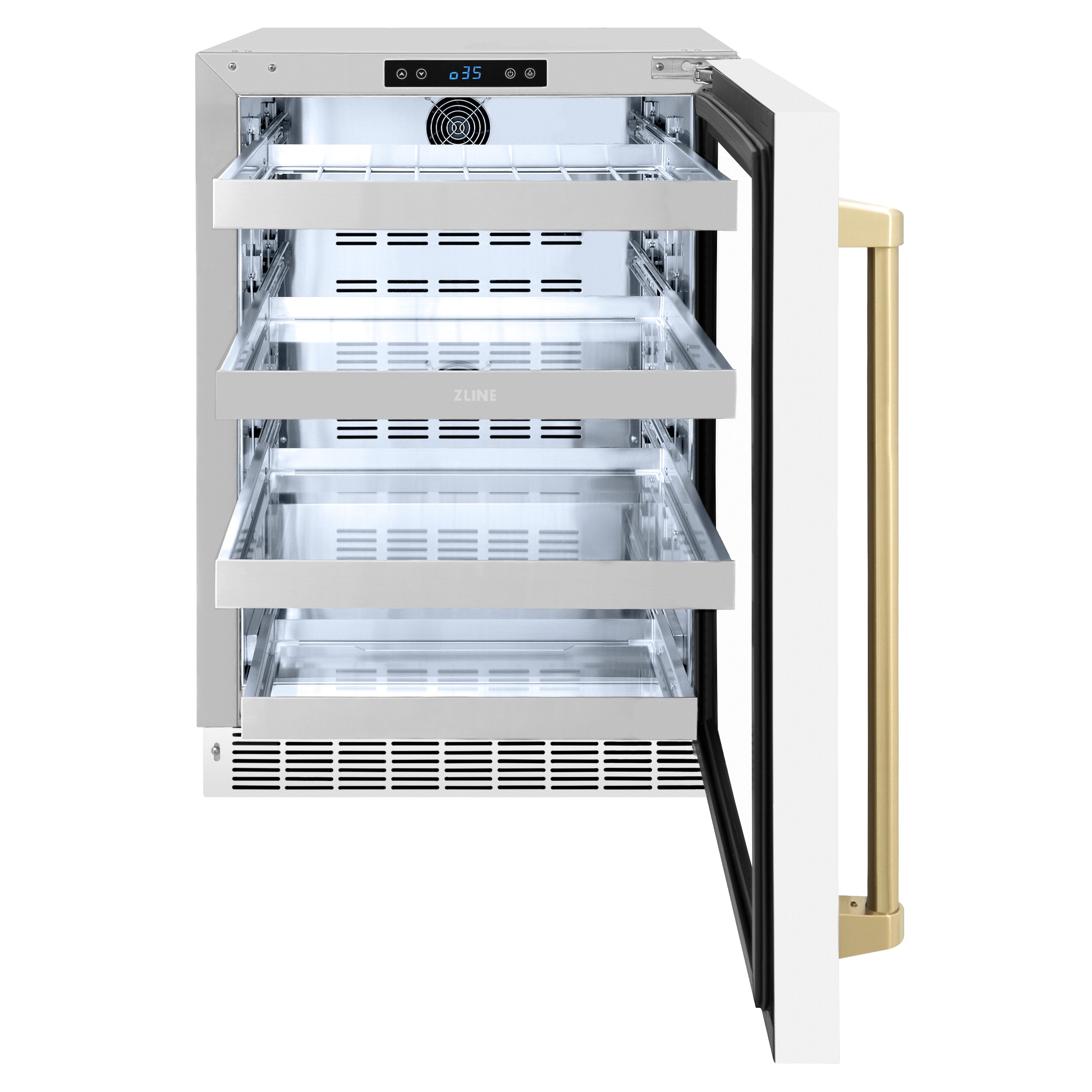 ZLINE Autograph 24" Touchstone Dual Zone 44 Bottle Wine Cooler with White Matte Glass Door and Champagne Bronze Handle, RWDOZ-WM-24-CB
