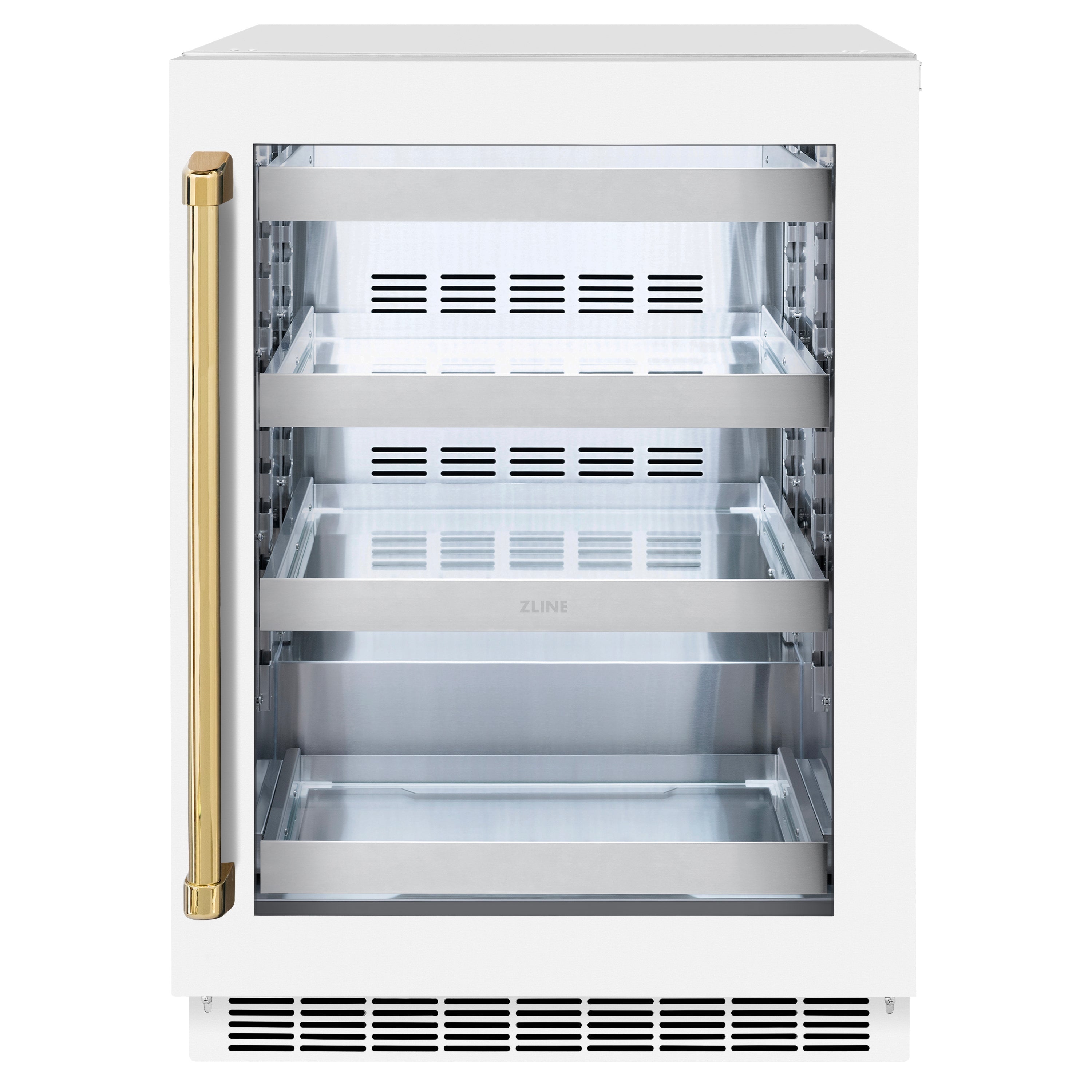 ZLINE Autograph 24" Touchstone 151 Can Beverage Fridge with White Matte Glass Door and Polished Gold Handle, RBSOZ-WM-24-G