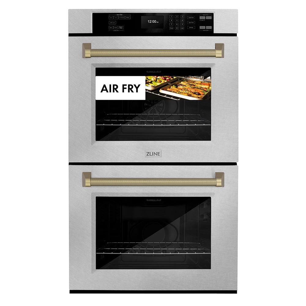 ZLINE Autograph 30" Professional True Convection Double Wall Oven with Air Fry and Self Clean in Satin Stainless Steel with Champagne Bronze Helix Handles, WADSZ-30-KCB