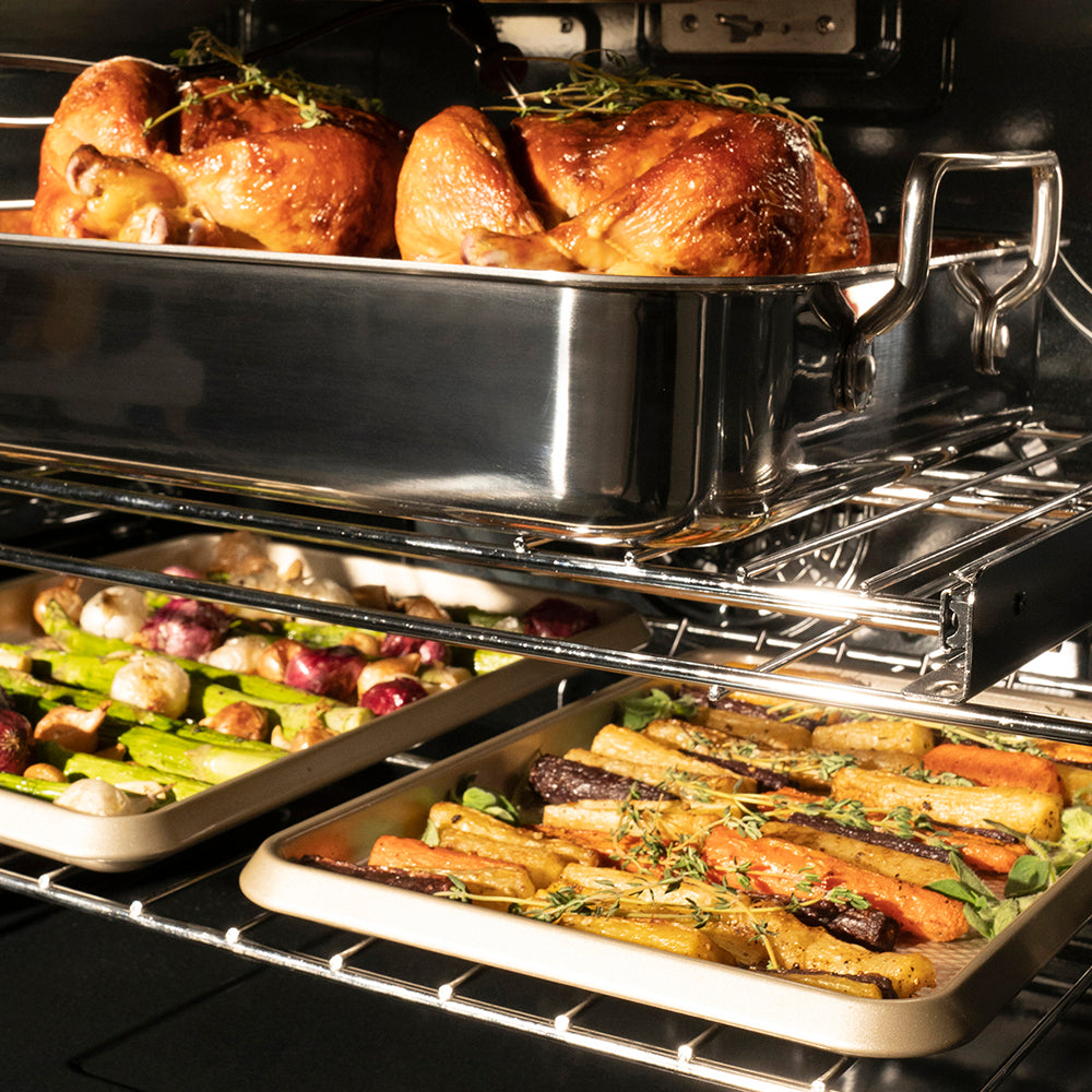 ZLINE Autograph 30" Professional True Convection Double Wall Oven with Air Fry and Self Clean in Satin Stainless Steel with Champagne Bronze Helix Handles, WADSZ-30-KCB