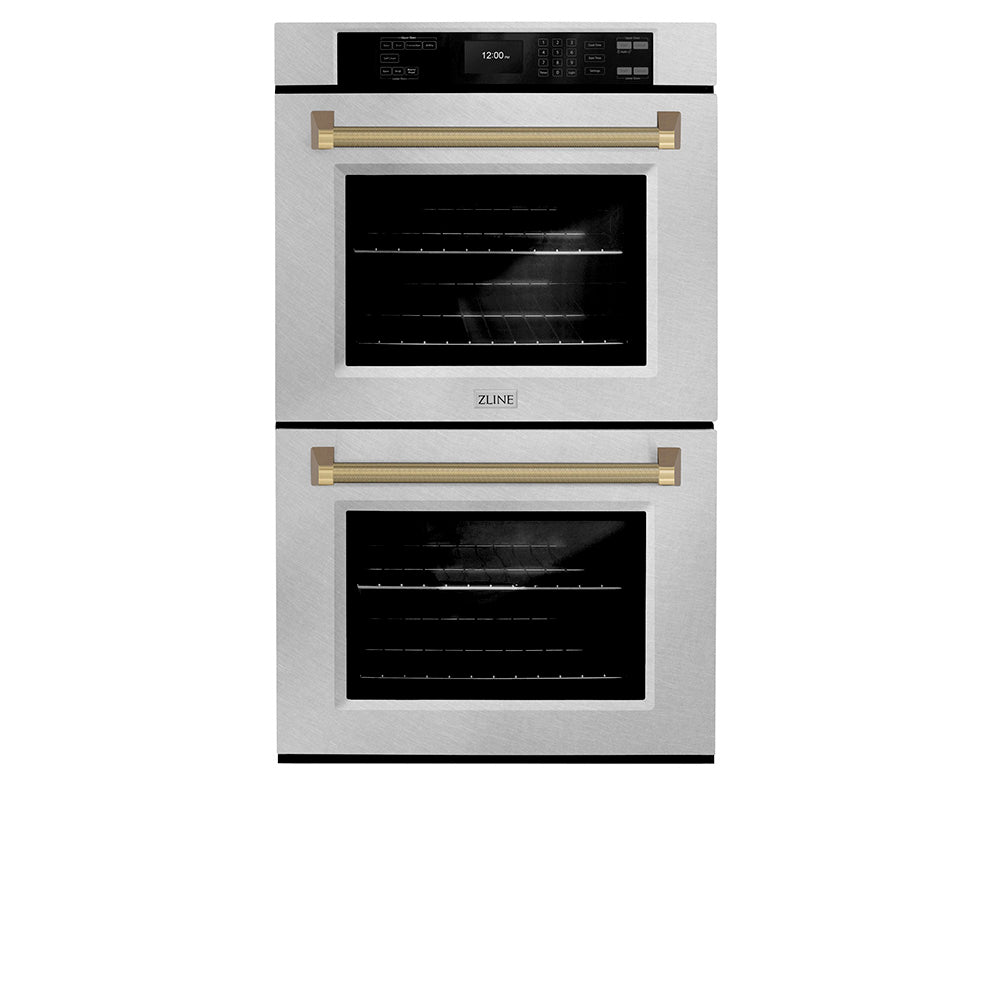 ZLINE Autograph 30" Professional True Convection Double Wall Oven with Air Fry and Self Clean in Satin Stainless Steel with Champagne Bronze Helix Handles, WADSZ-30-KCB