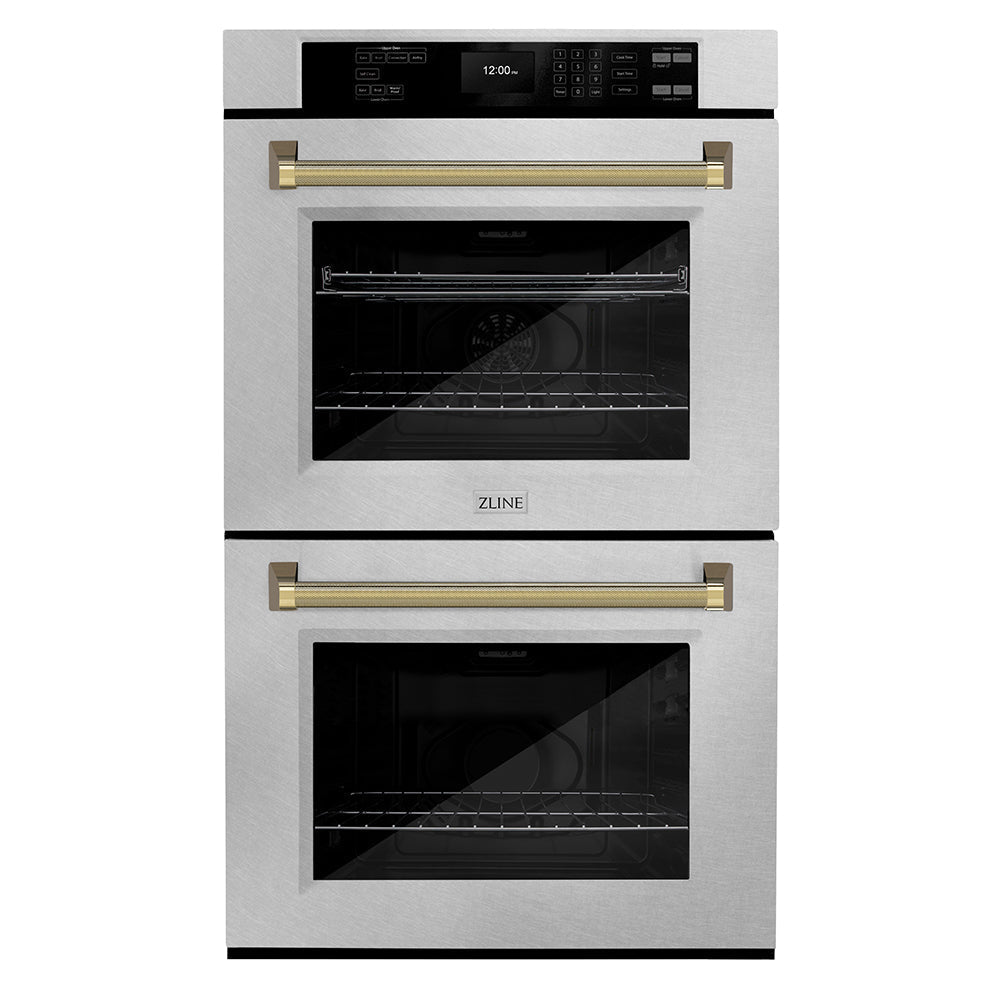 ZLINE Autograph 30" Professional True Convection Double Wall Oven with Air Fry and Self Clean in Satin Stainless Steel with Polished Gold Helix Handles, WADSZ-30-KG