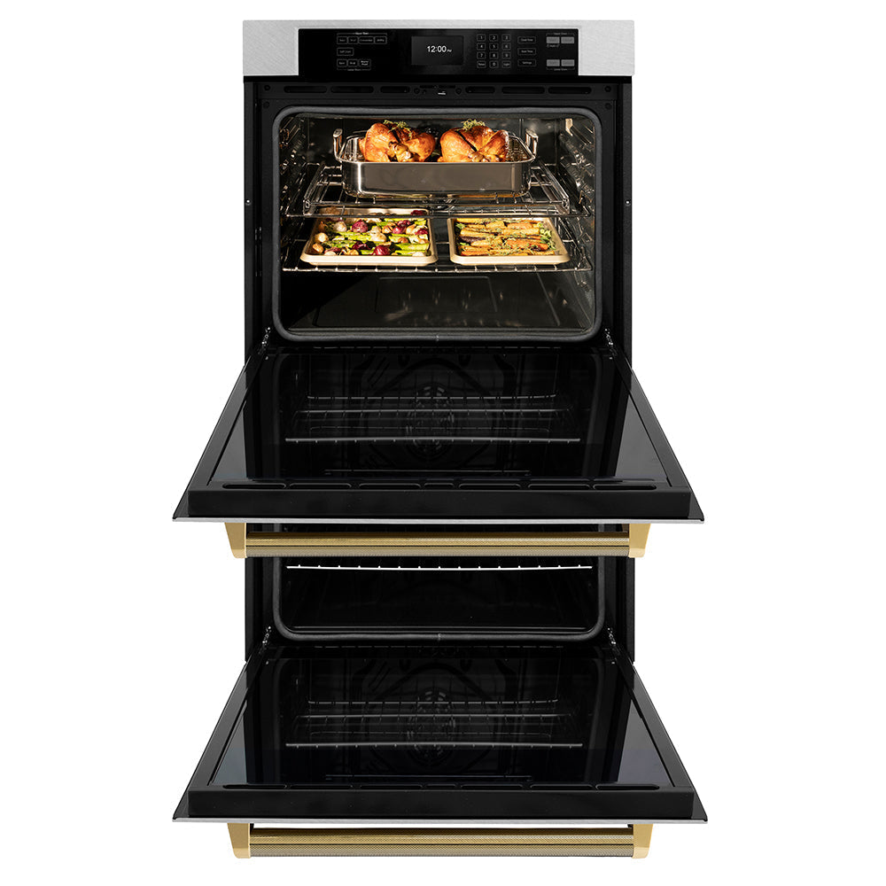 ZLINE Autograph 30" Professional True Convection Double Wall Oven with Air Fry and Self Clean in Satin Stainless Steel with Polished Gold Helix Handles, WADSZ-30-KG