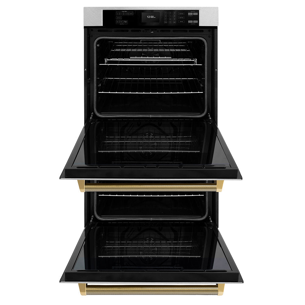ZLINE Autograph 30" Professional True Convection Double Wall Oven with Air Fry and Self Clean in Satin Stainless Steel with Polished Gold Helix Handles, WADSZ-30-KG