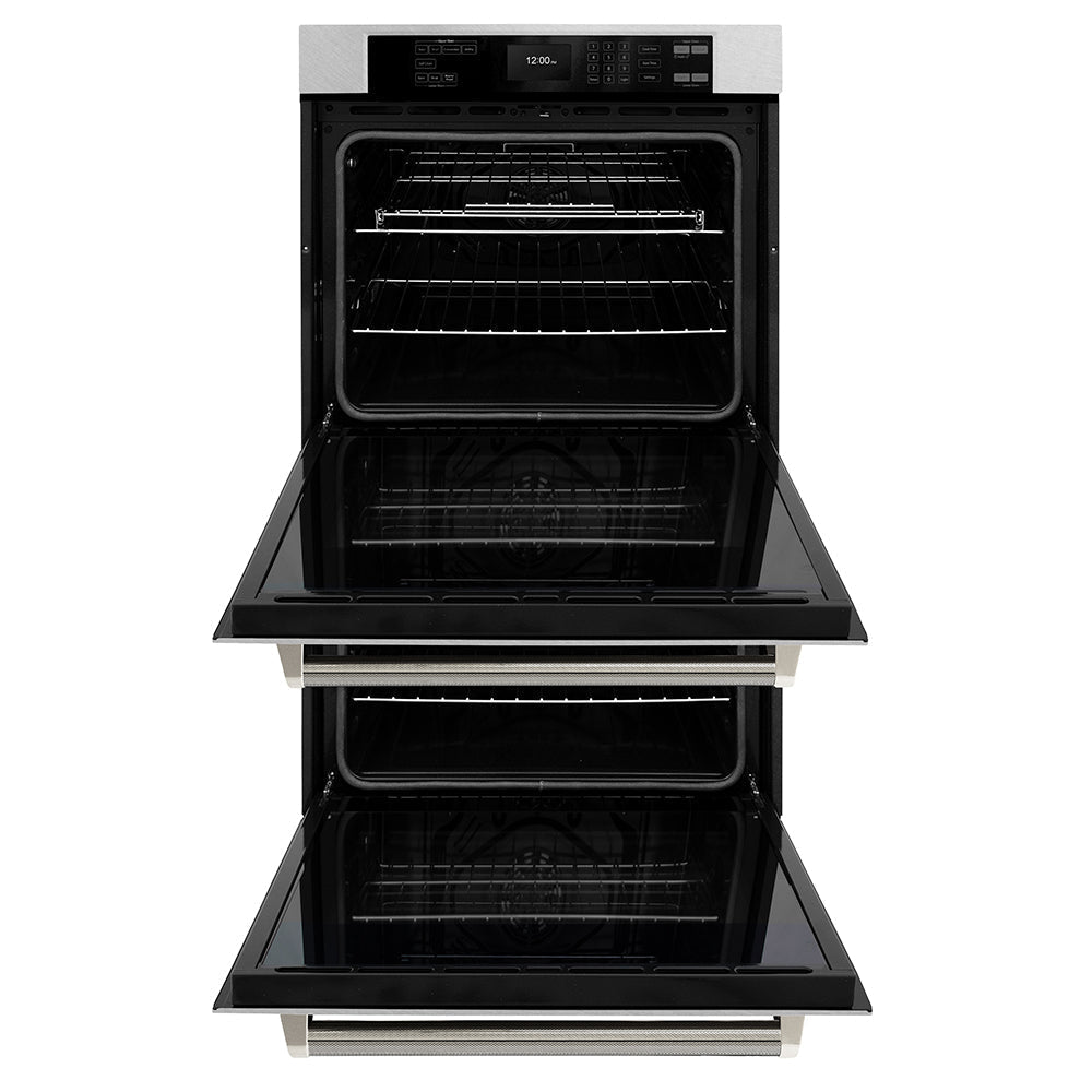 ZLINE Autograph 30" Professional True Convection Double Wall Oven with Air Fry and Self Clean in Satin Stainless Steel with Polished Nickel Helix Handles, WADSZ-30-KPN