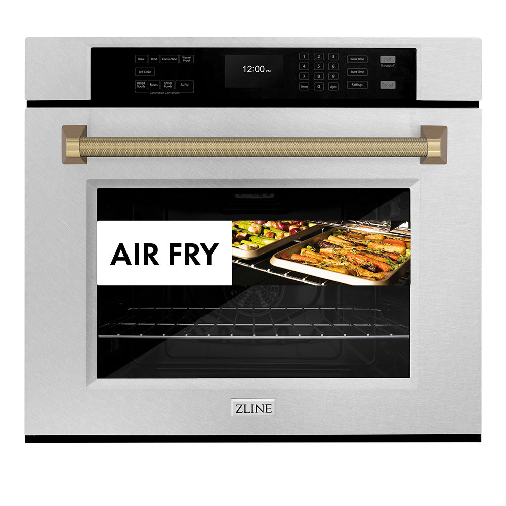 ZLINE Autograph 30" Professional True Convection Single Wall Oven with Air Fry and Self Clean in Satin Stainless Steel with Champagne Bronze Helix Handle, WASSZ-30-KCB