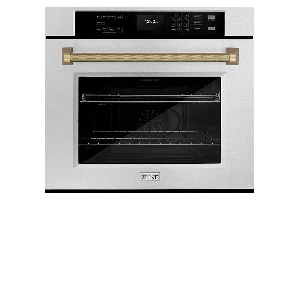 ZLINE Autograph 30" Professional True Convection Single Wall Oven with Air Fry and Self Clean in Satin Stainless Steel with Champagne Bronze Helix Handle, WASSZ-30-KCB