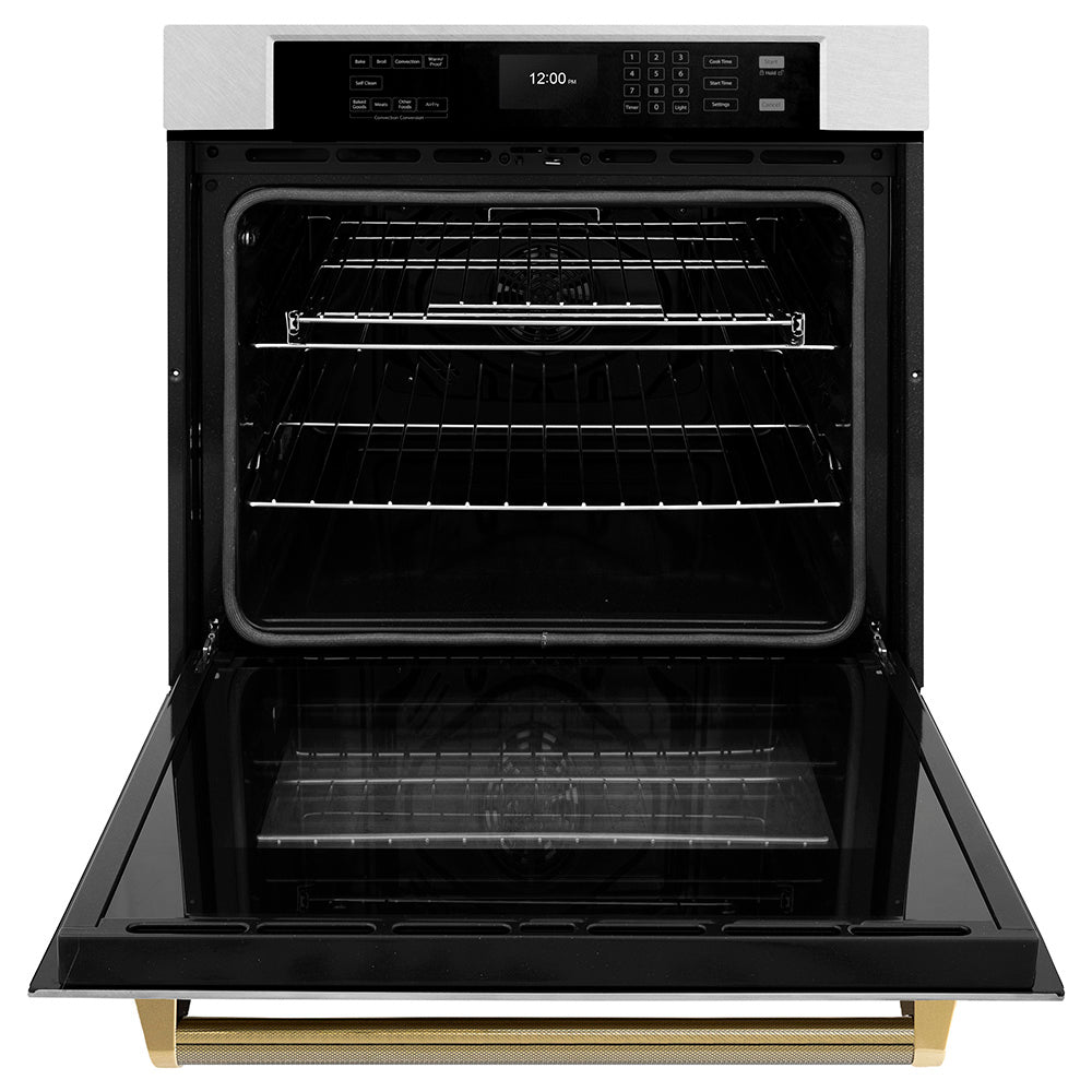ZLINE Autograph 30" Professional True Convection Single Wall Oven with Air Fry and Self Clean in Satin Stainless Steel with Polished Gold Helix Handle, WASSZ-30-KG