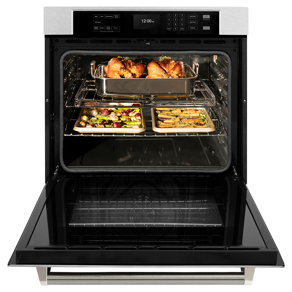 ZLINE Autograph 30" Professional True Convection Single Wall Oven with Air Fry and Self Clean in Satin Stainless Steel with Polished Nickel Helix Handle, WASSZ-30-KPN