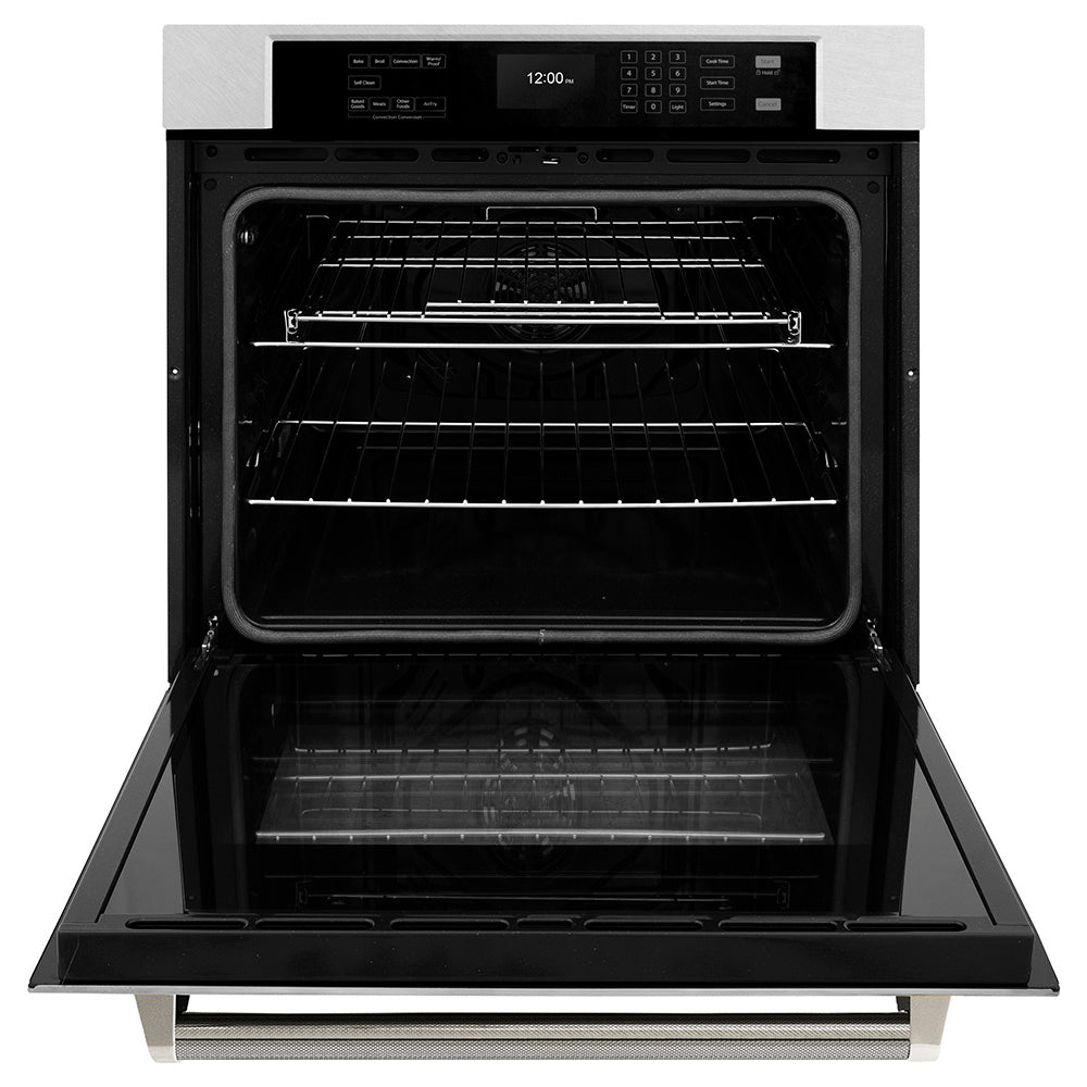 ZLINE Autograph 30" Professional True Convection Single Wall Oven with Air Fry and Self Clean in Satin Stainless Steel with Polished Nickel Helix Handle, WASSZ-30-KPN