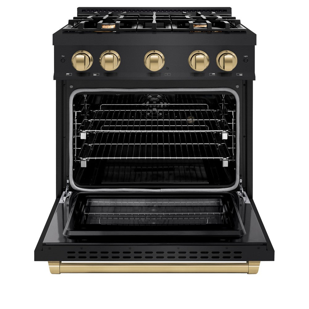 ZLINE 30 in. Select Dual Fuel Range 4.2 cu. ft. 4 Burner Cooktop Black Stainless Steel Champagne Bronze Accents (HDRBZ-30-CB)