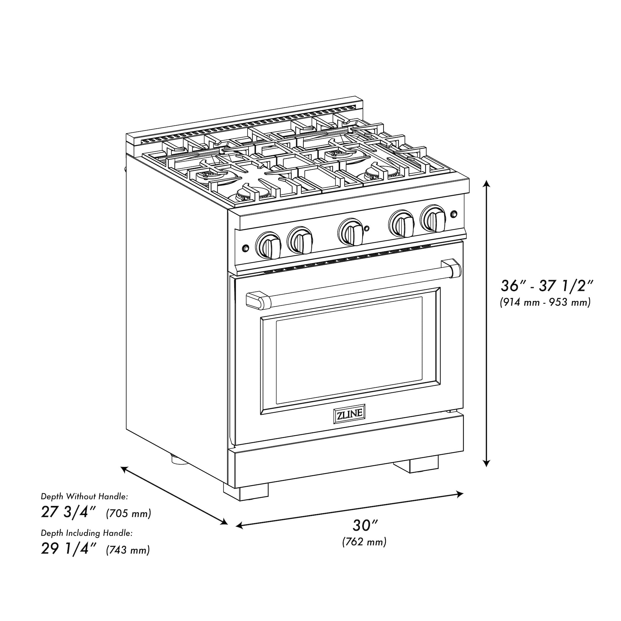 ZLINE 30 in. Dual Fuel Range 4.2 cu. ft. 4 Burner Gas Cooktop Electric Convection Oven Black Stainless Steel Polished Gold Accents (HDRBZ-30-G)