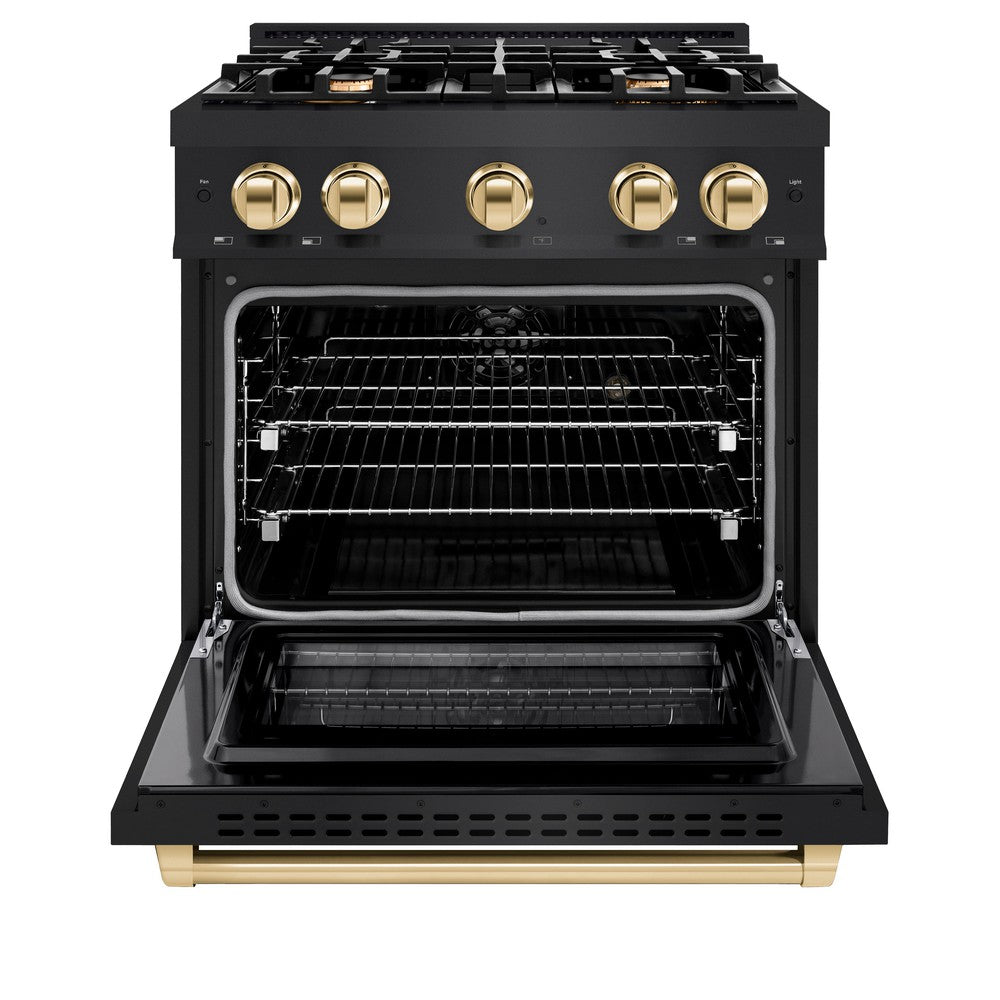 ZLINE 30 in. Dual Fuel Range 4.2 cu. ft. 4 Burner Gas Cooktop Electric Convection Oven Black Stainless Steel Polished Gold Accents (HDRBZ-30-G)