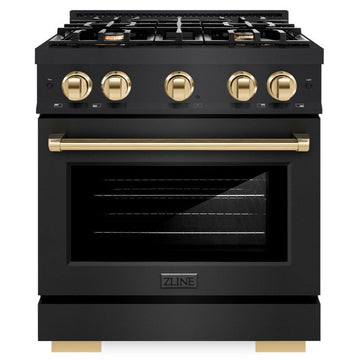 ZLINE 30 in. Dual Fuel Range 4.2 cu. ft. 4 Burner Gas Cooktop Electric Convection Oven Black Stainless Steel Polished Gold Accents (HDRBZ-30-G)