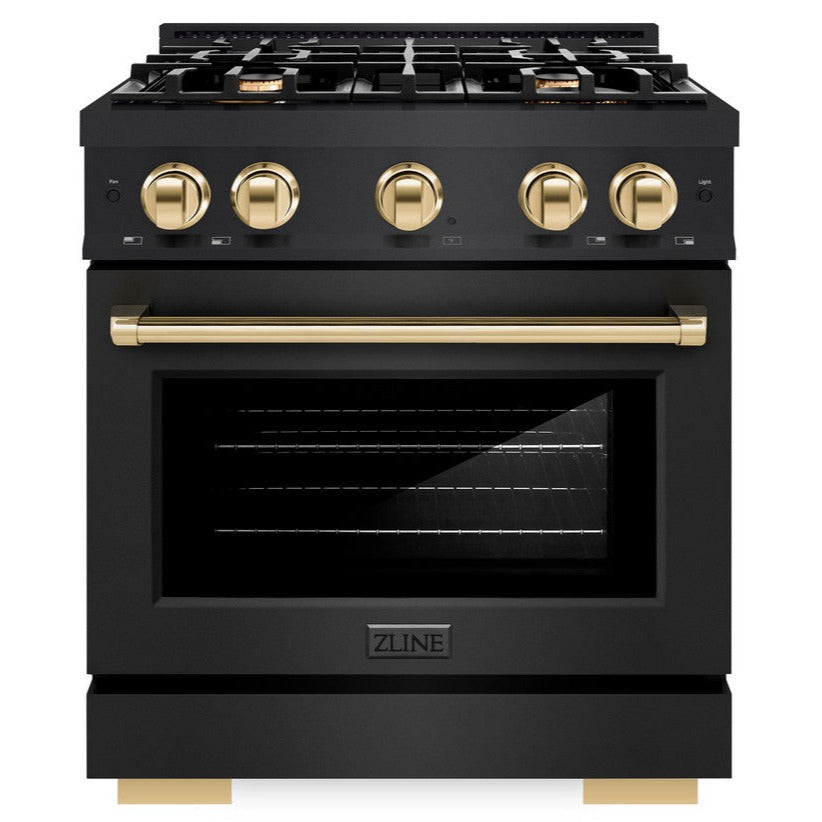 ZLINE 30 in. Dual Fuel Range 4.2 cu. ft. 4 Burner Gas Cooktop Electric Convection Oven Black Stainless Steel Polished Gold Accents (HDRBZ-30-G)