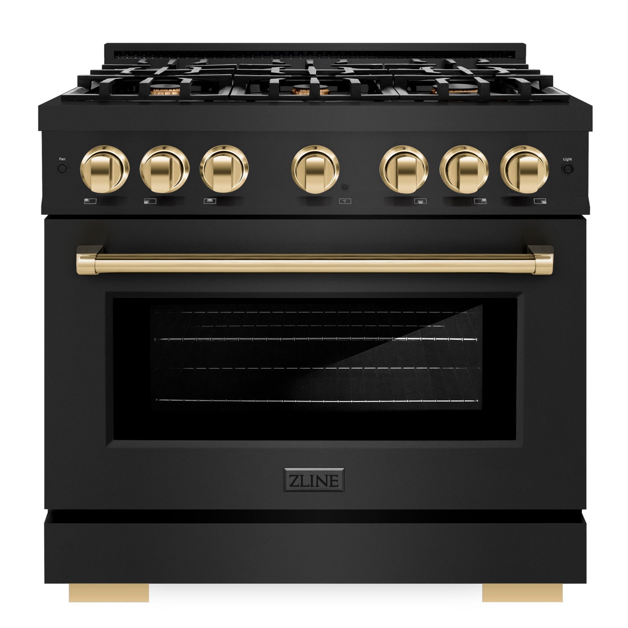 ZLINE 36 in. Dual Fuel Range 5.2 cu. ft. 6 Burners Black Stainless Steel Polished Gold Accents, MODEL HDRBZ-36-G