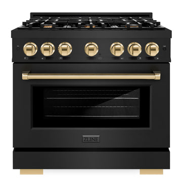 ZLINE 36 in. Dual Fuel Range 5.2 cu. ft. 6 Burners Black Stainless Steel Polished Gold Accents, MODEL HDRBZ-36-G