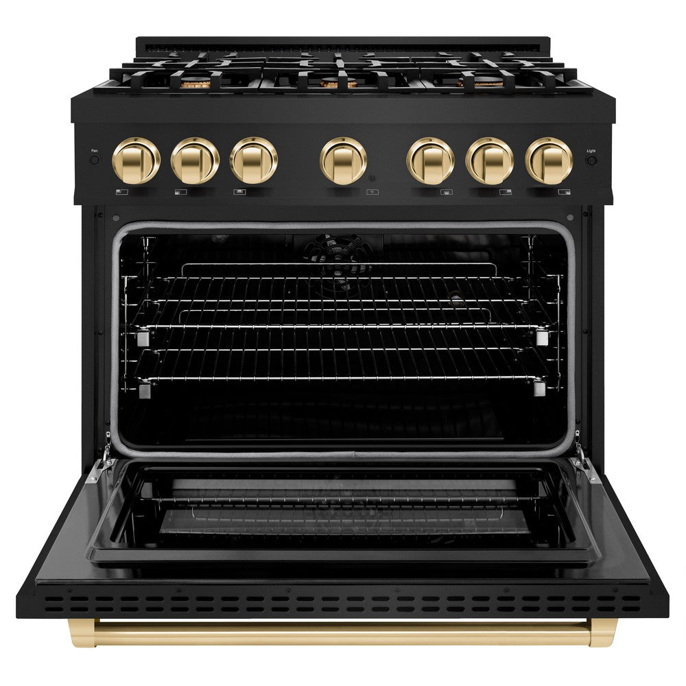 ZLINE 36 in. Dual Fuel Range 5.2 cu. ft. 6 Burners Black Stainless Steel Polished Gold Accents, MODEL HDRBZ-36-G