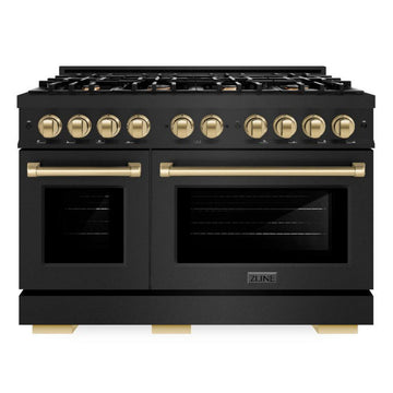 ZLINE 48 in. Dual Fuel Range 6.7 cu. ft. Double Oven with 8 Gas Burners, Black Stainless Steel, Champagne Bronze Accents (HDRBZ-48-CB)