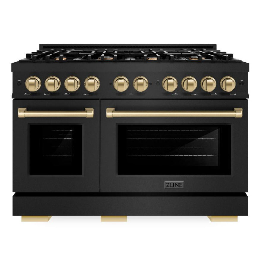 ZLINE 48 in. Dual Fuel Range 6.7 cu. ft. Double Oven with 8 Gas Burners, Black Stainless Steel, Champagne Bronze Accents (HDRBZ-48-CB)