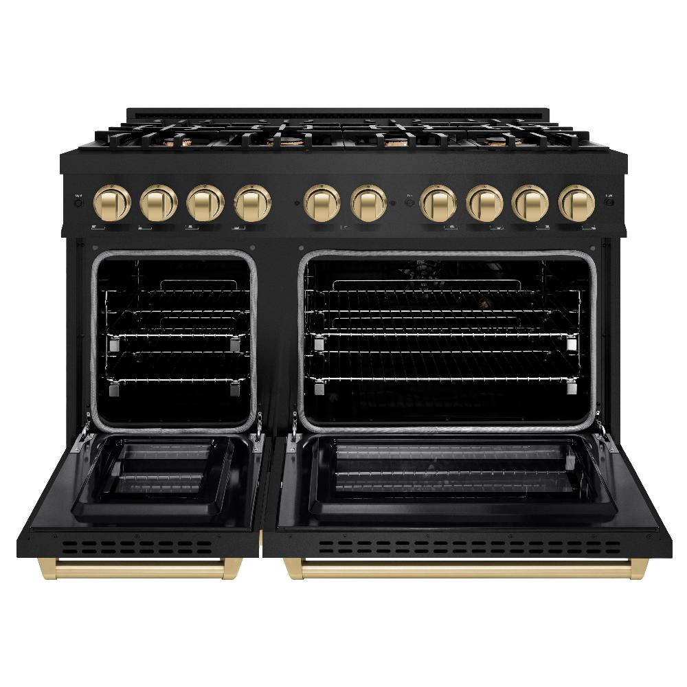 ZLINE 48 in. Dual Fuel Range 6.7 cu. ft. Double Oven with 8 Gas Burners, Black Stainless Steel, Champagne Bronze Accents (HDRBZ-48-CB)