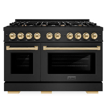 ZLINE 48 in. Dual Fuel Range 6.7 cu. ft. Double Oven with 8 Gas Burners, Black Stainless Steel with Polished Gold Accents (HDRBZ-48-G)