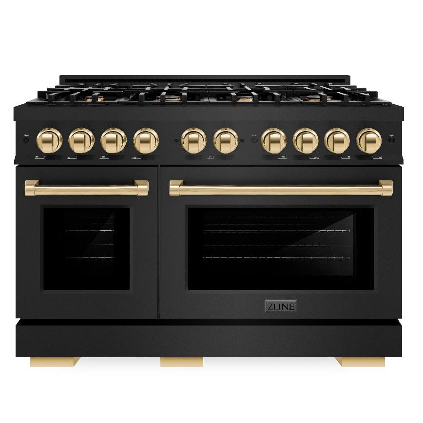 ZLINE 48 in. Dual Fuel Range 6.7 cu. ft. Double Oven with 8 Gas Burners, Black Stainless Steel with Polished Gold Accents (HDRBZ-48-G)