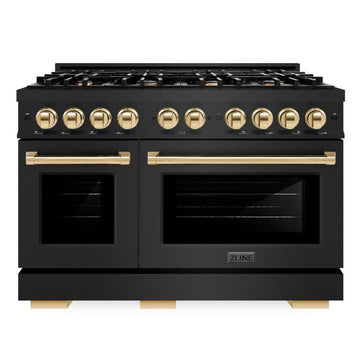 ZLINE 48 in. Gas Range Double Oven 6.7 cu. ft. 8 Burner Cooktop Black Stainless Steel Polished Gold Accents (HGRBZ-48-G)