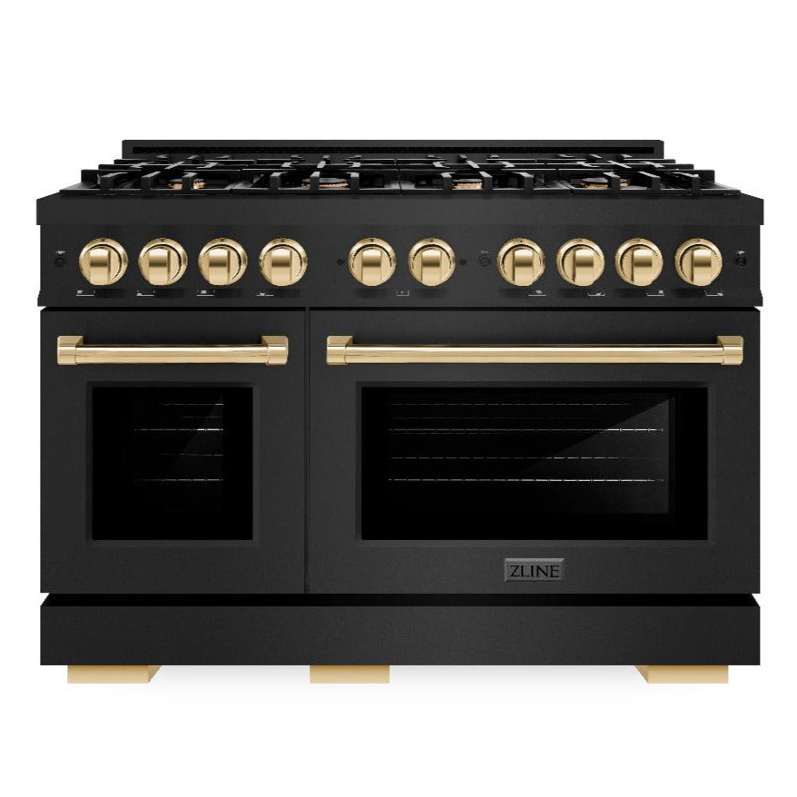 ZLINE 48 in. Gas Range Double Oven 6.7 cu. ft. 8 Burner Cooktop Black Stainless Steel Polished Gold Accents (HGRBZ-48-G)