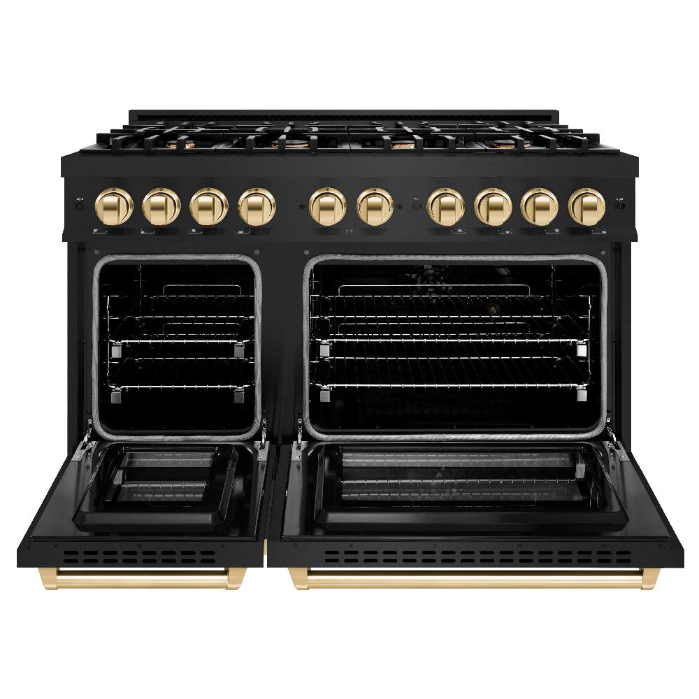 ZLINE 48 in. Dual Fuel Range 6.7 cu. ft. Double Oven with 8 Gas Burners, Black Stainless Steel with Polished Gold Accents (HDRBZ-48-G)
