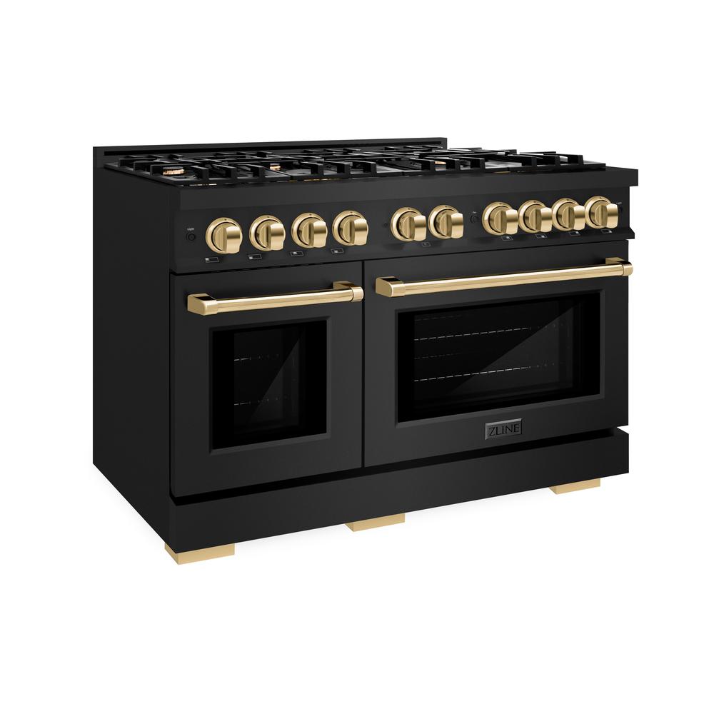ZLINE 48 in. Dual Fuel Range 6.7 cu. ft. Double Oven with 8 Gas Burners, Black Stainless Steel with Polished Gold Accents (HDRBZ-48-G)