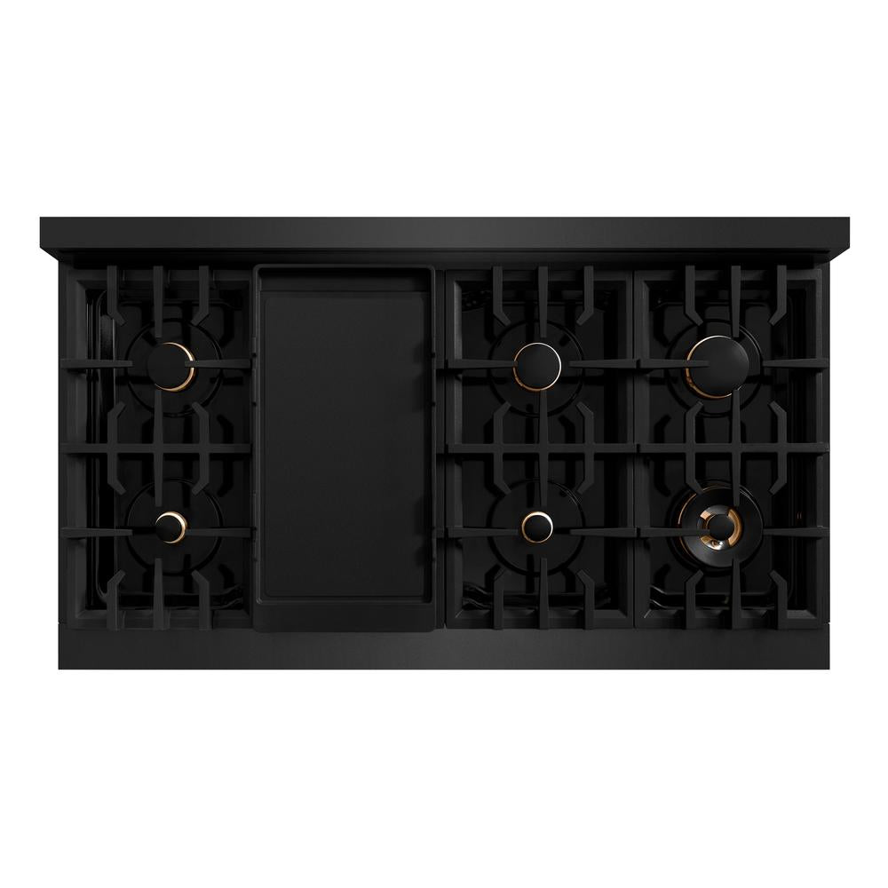 ZLINE 48 in. Gas Range Double Oven 6.7 cu. ft. 8 Burner Cooktop Black Stainless Steel Polished Gold Accents (HGRBZ-48-G)