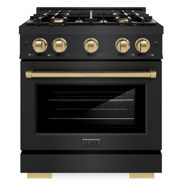 ZLINE 30 in. Gas Range – 4 Burners, 4.2 cu. ft. Convection Oven, Black Stainless Steel with Champagne Bronze Accents (HGRBZ-30-CB)