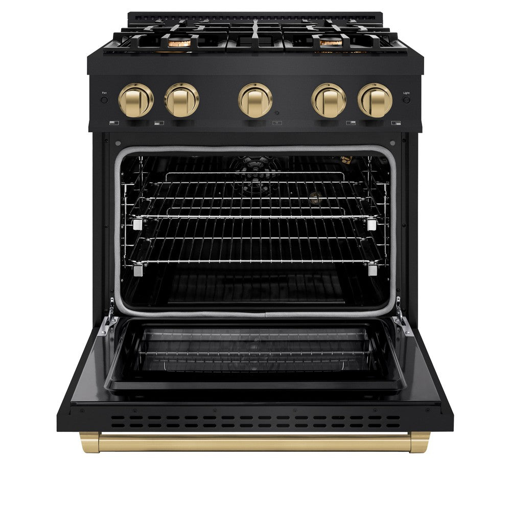ZLINE 30 in. Gas Range – 4 Burners, 4.2 cu. ft. Convection Oven, Black Stainless Steel with Champagne Bronze Accents (HGRBZ-30-CB)